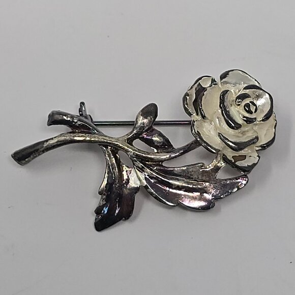 Vintage Shabby Chic White Rose Brooch Silver Tone Floral Costume Jewelry Pin - Picture 5 of 11